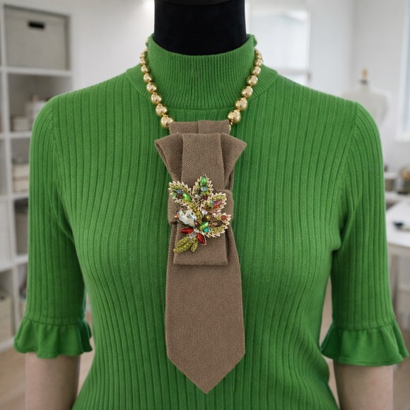 OOAK Handcrafted Necktie Necklace with Multi-Colored Stone Brooch & Beaded Chain - Picture 8 of 9